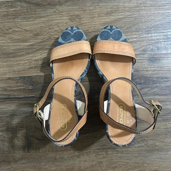 Women’s Coach Tan and Blue Wedge Sandals- size 8 - Picture 7 of 9